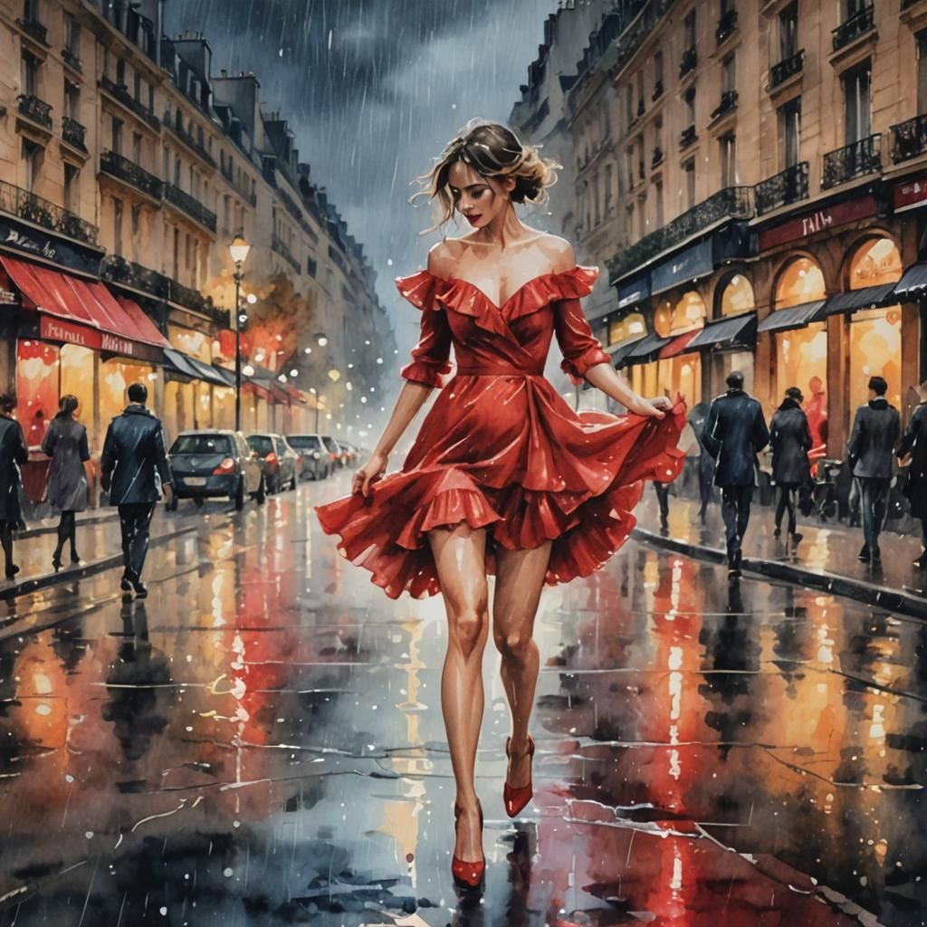 Woman in Red Dress, Rainy Paris, Watercolor Style