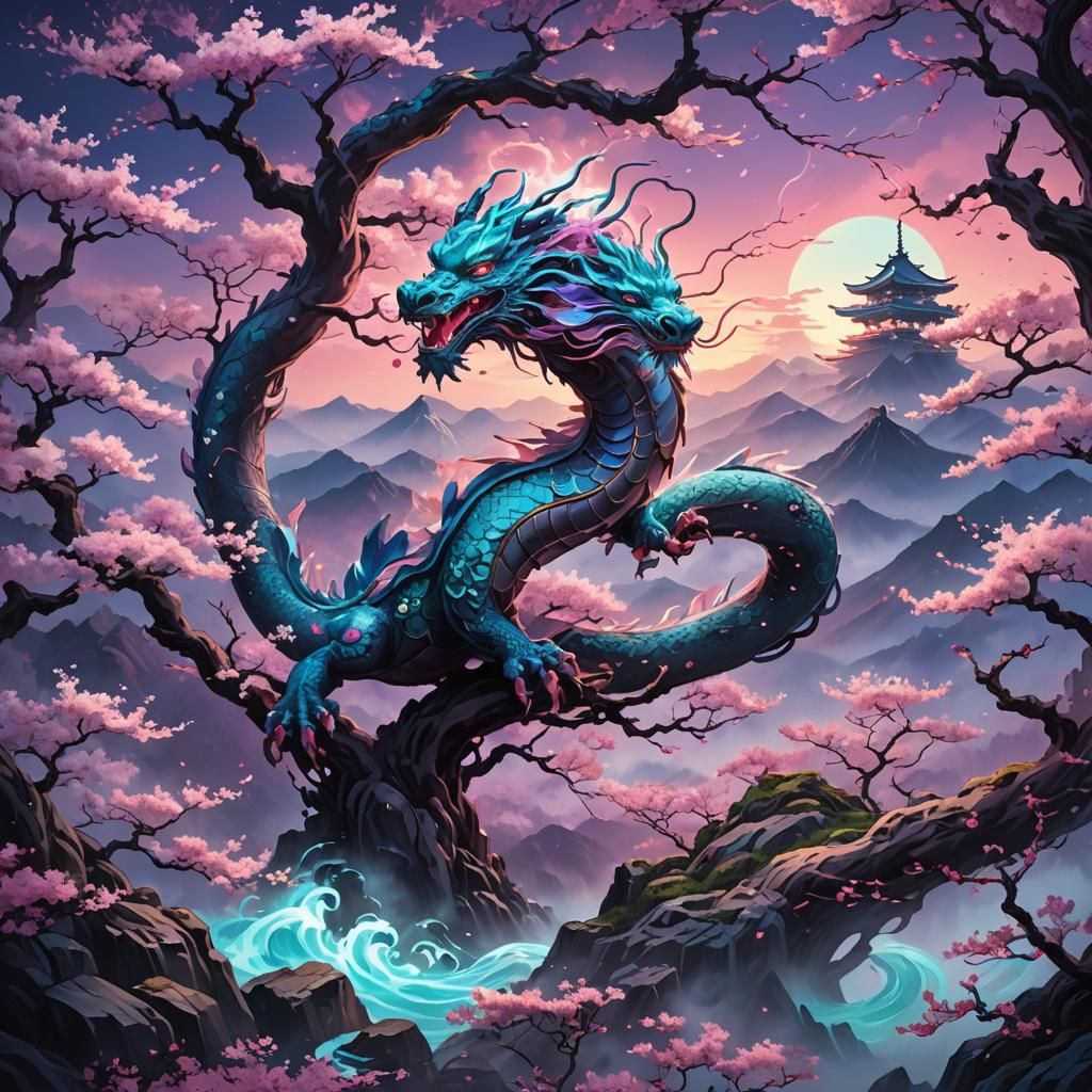 Neon Japanese Dragon Landscape: Dreamlike Digital Art