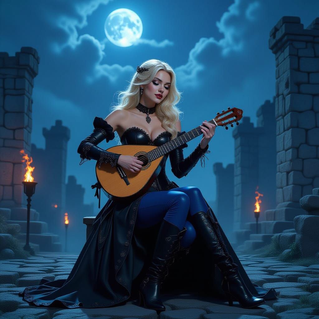 Gothic Cinderella Plays Lute in Ruined Gothic Fantasy Landsc...