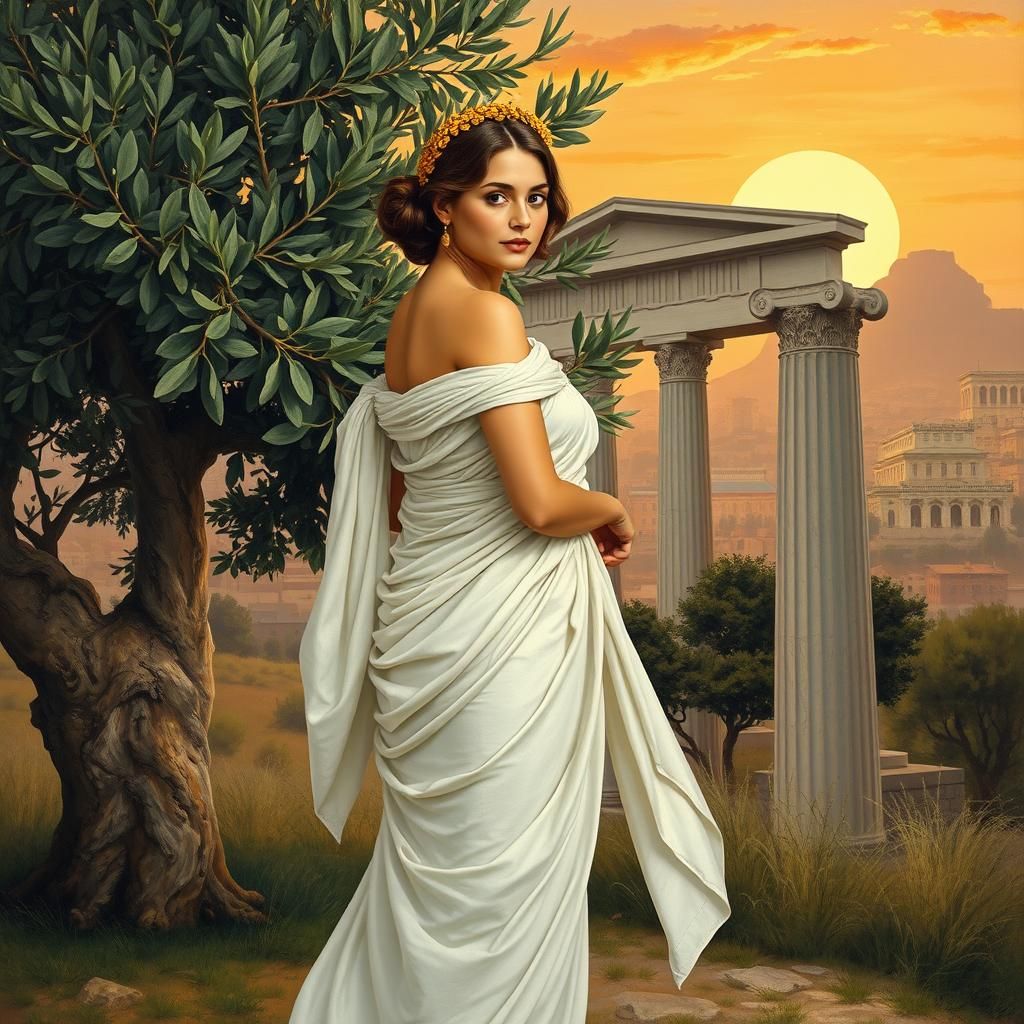 Woman in Toga with Olive Tree in Cubist Style