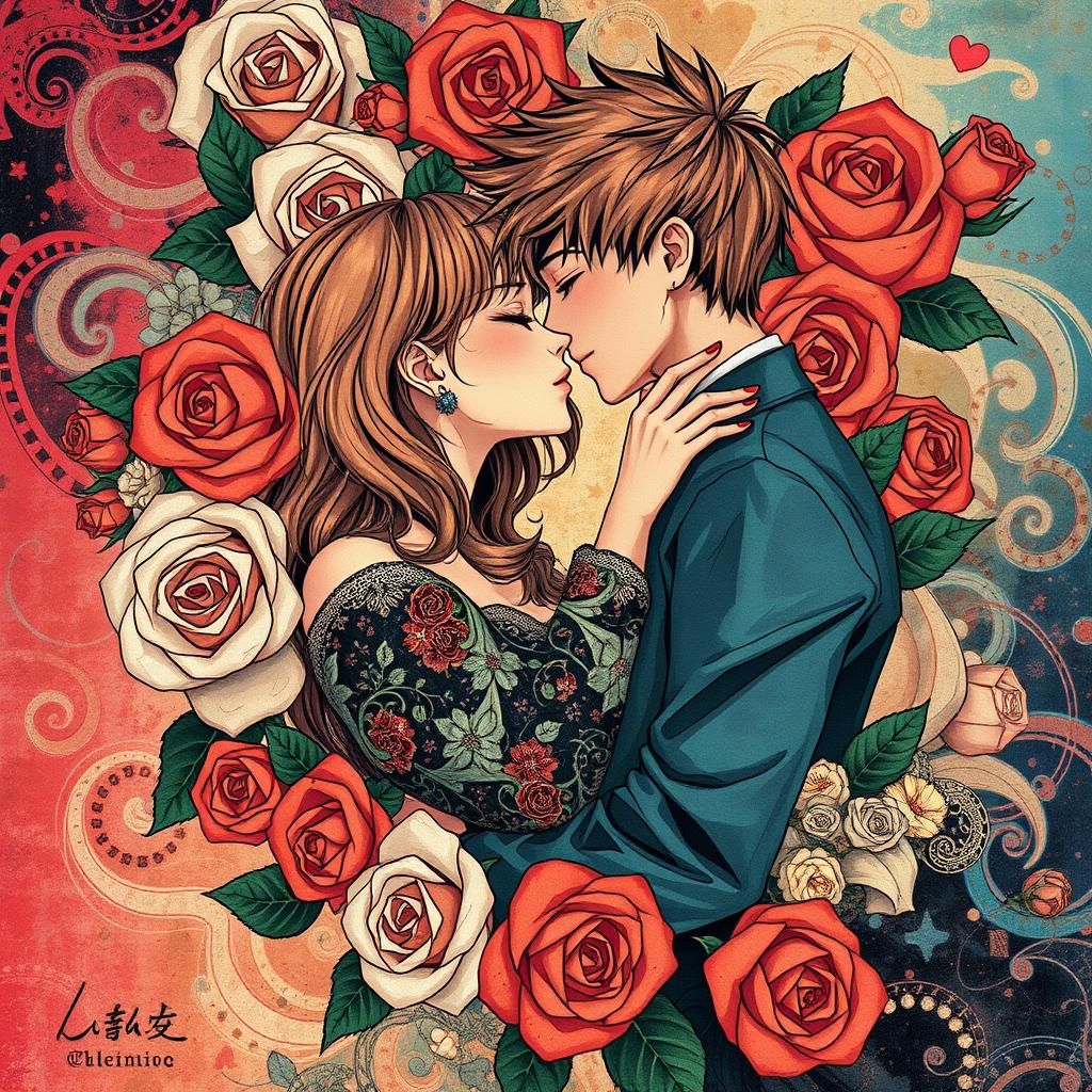 Couple Kissing Surrounded by Roses in Anime Style