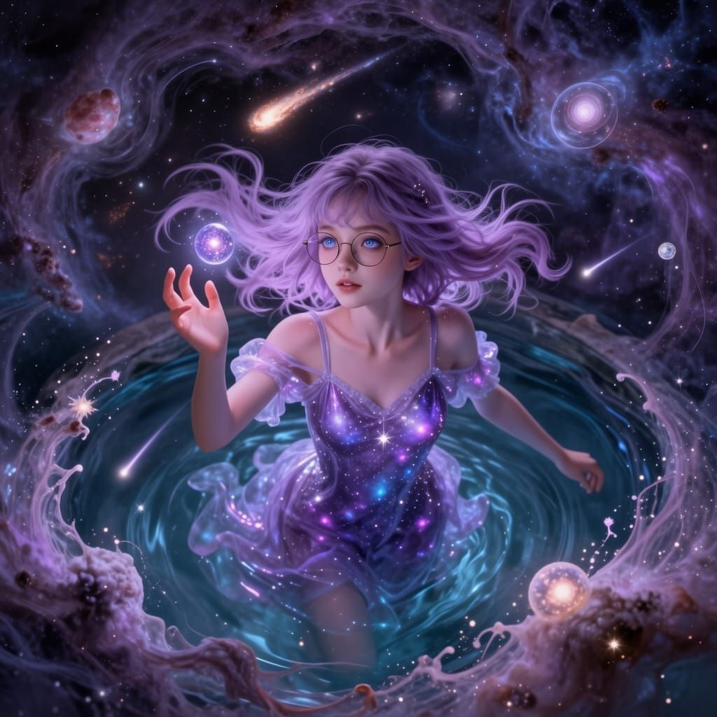 Ethereal Girl Floats in Cosmic Star Pool