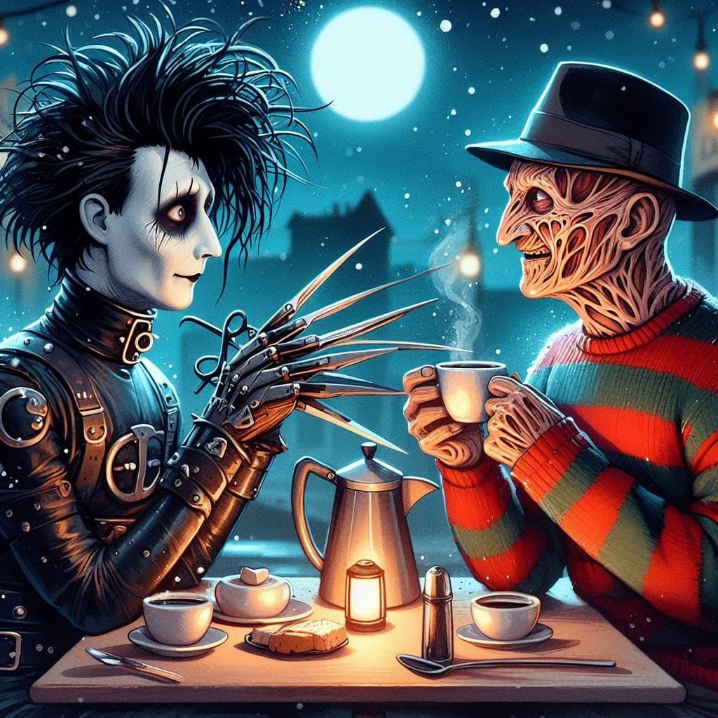 Edward Scissorhands and Freddy Krueger Enjoy Midnight Coffee...