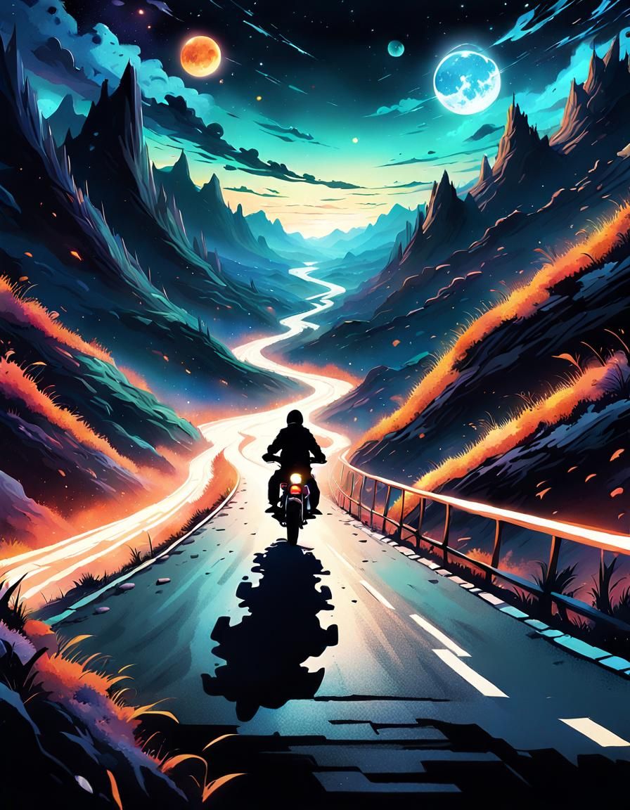 Motorcyclist Rides into Cosmic Abyss: Digital Matte Painting