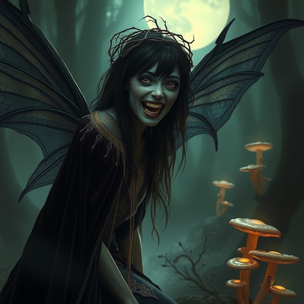Eerie Vampire Fairy in Dark Fantasy Forest