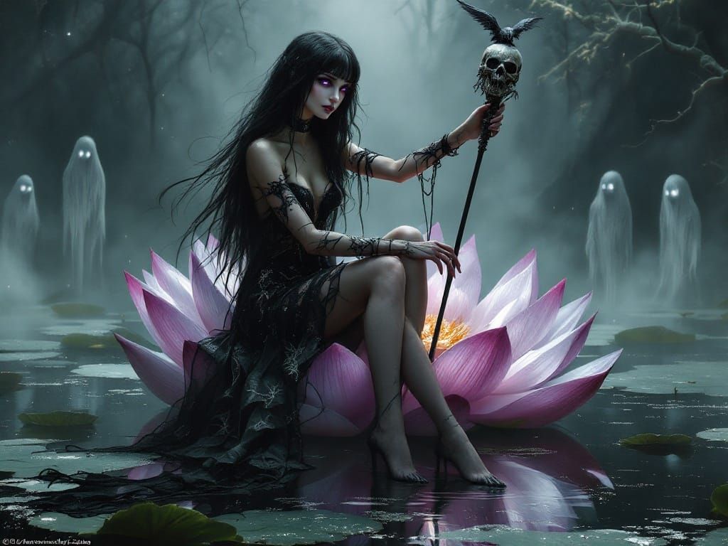 Gothic Fairy on Lotus Flower in Dark Fantasy Style