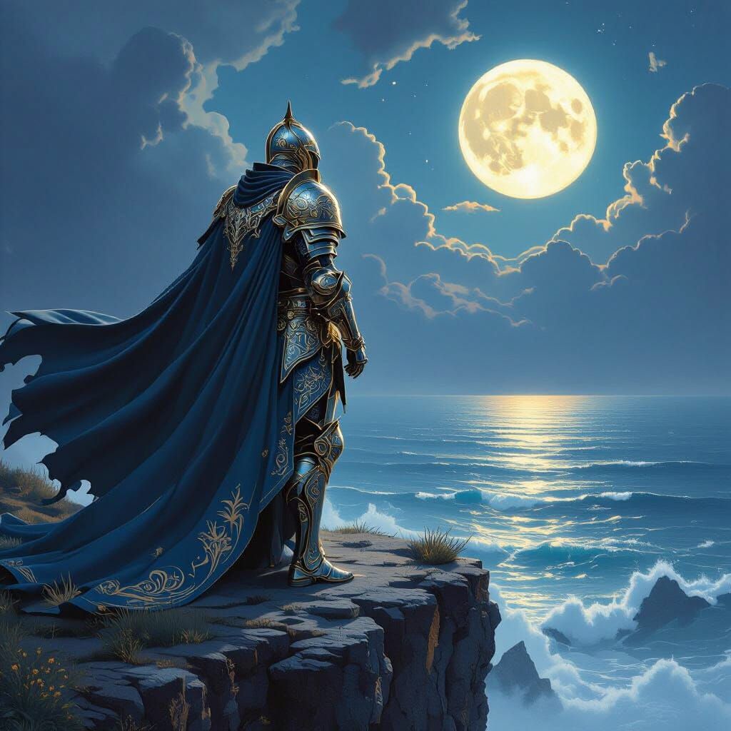 A majestic knight in ornate, gleaming armor stands on a wind...