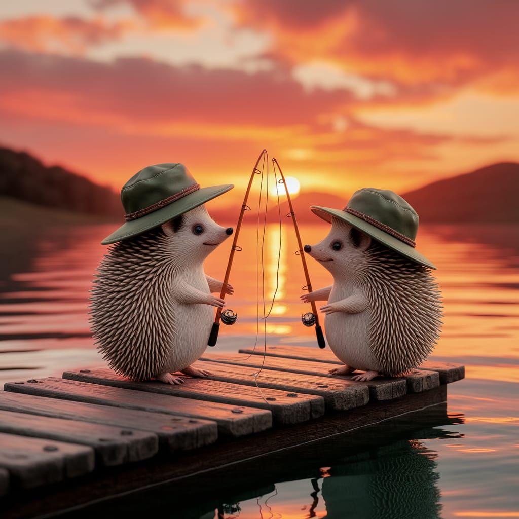Hedgehog Fishermen at Sunset in Painterly Style