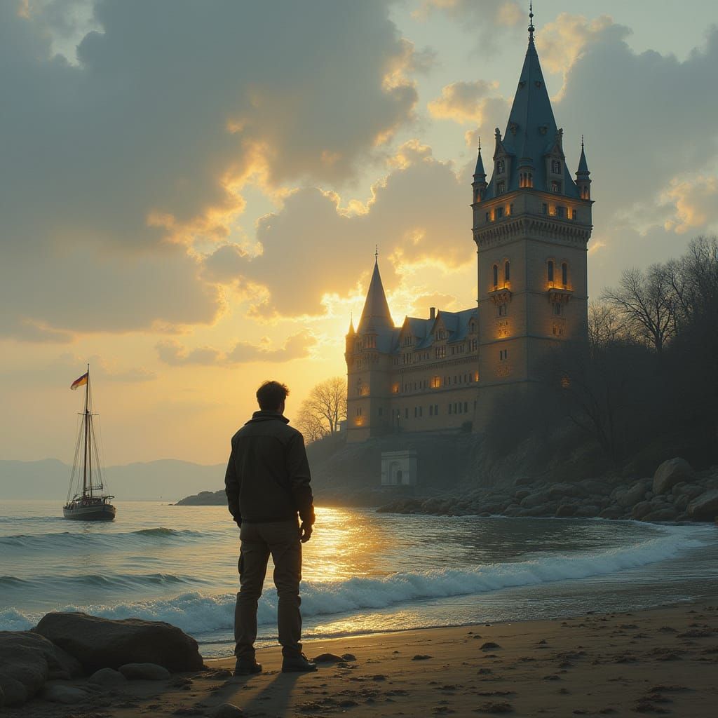 Lone Man Gazing at Sailboat Near German Castle