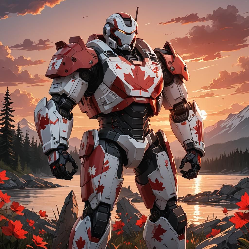 Canadian Jaeger Robot in Sunset, Anime Style