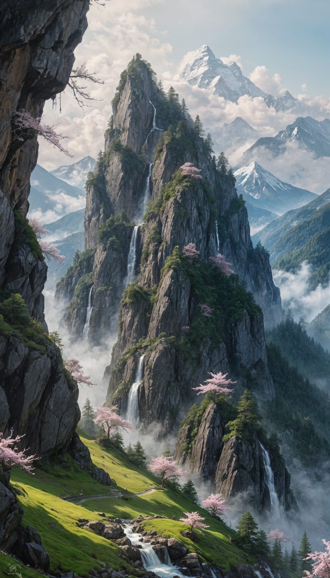 Jagged Mountains and Cherry Blossom Landscape