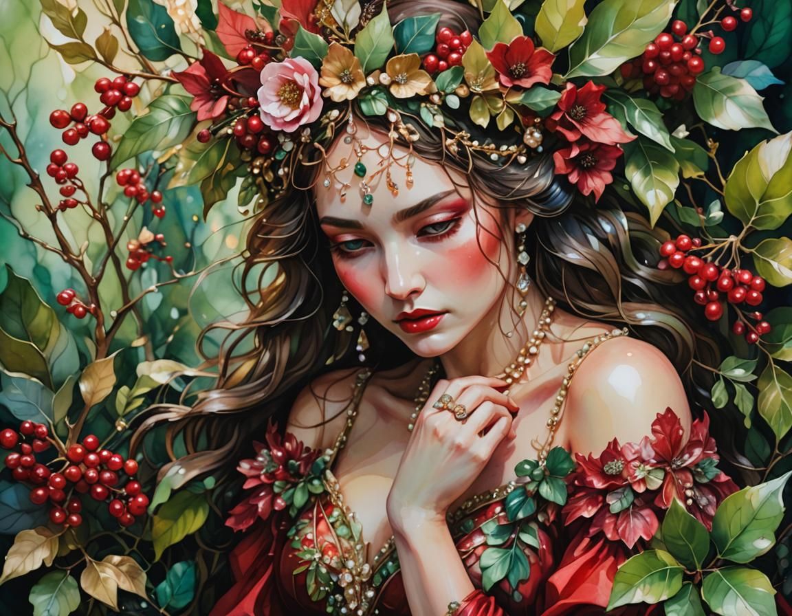 Woman with Floral Headpiece in Iridescent Pastel