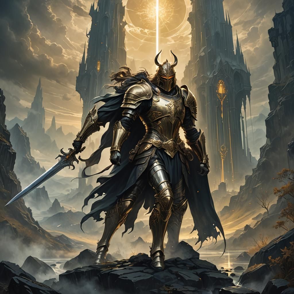 Heroic Knight in Dark Fantasy Landscape