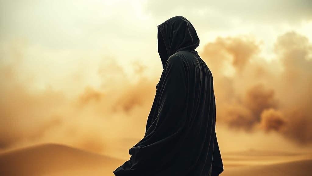 Dramatic Sandstorm Figure in Dark Robe