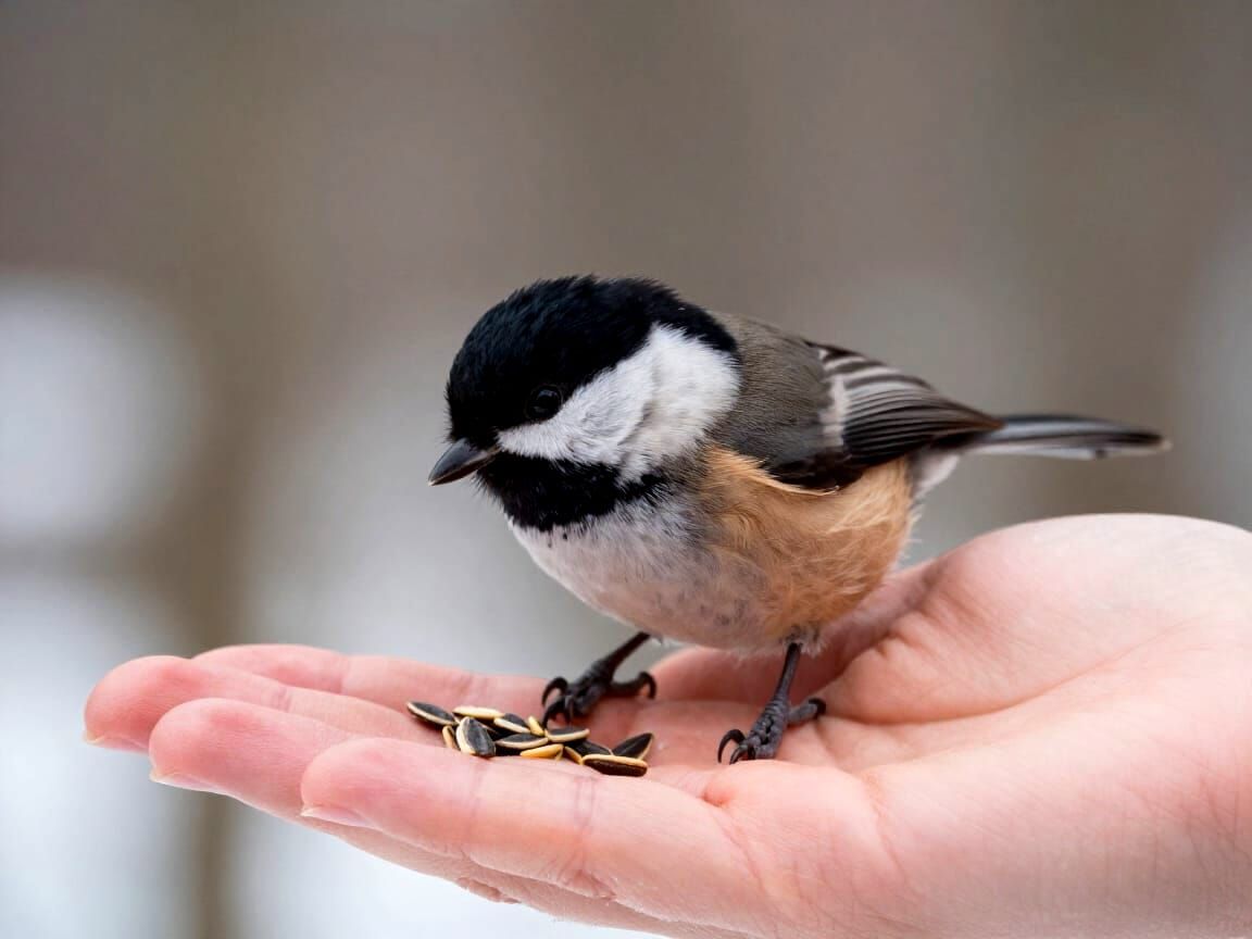 Cute Chickadee Lands on Hand for Seeds in Winter Forest
