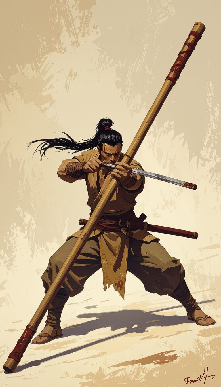 Martial Artist Quarterstaff in Frazetta Style
