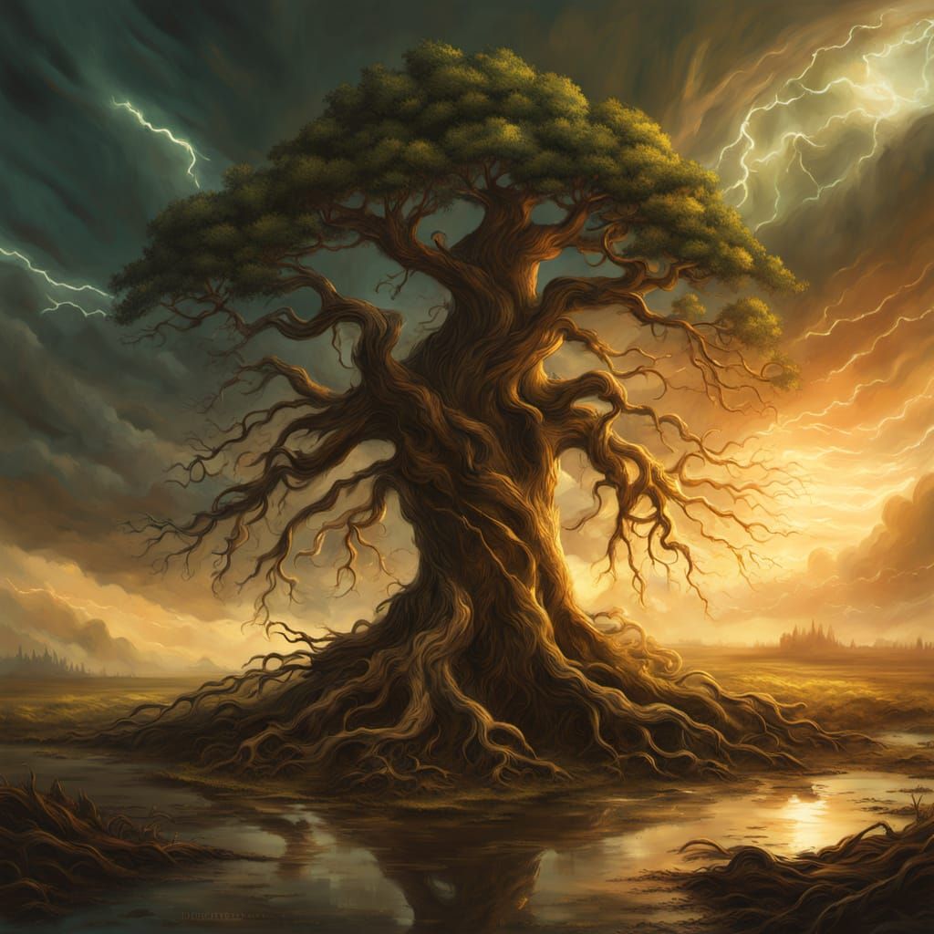 Ancient Tree of Resilience on Windswept Plain