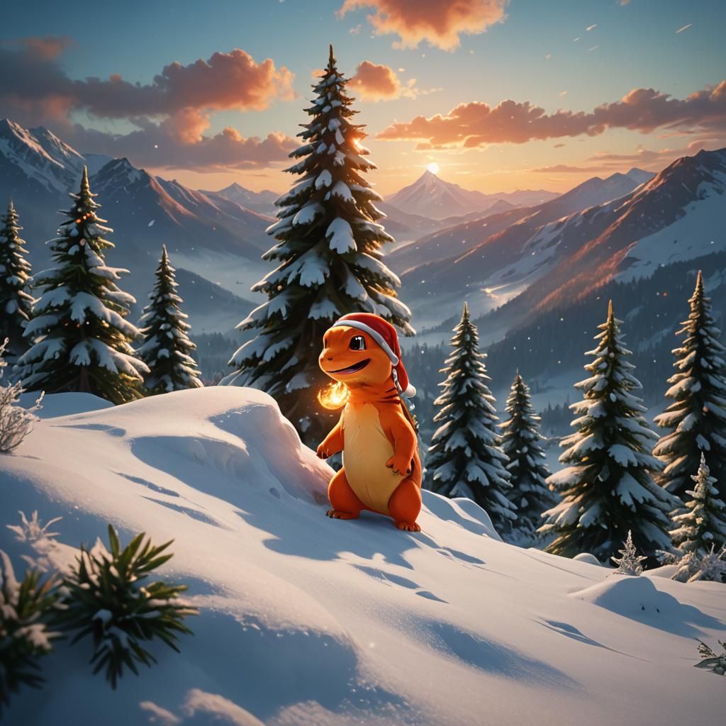 Charmander Celebrates Christmas on Snowy Mountain