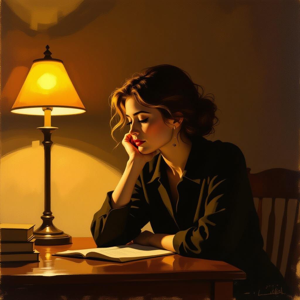 Man Pondering at Desk, Gouache Painting