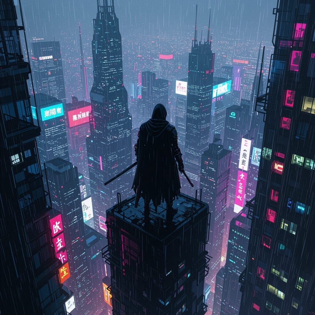 Cyberpunk Ninja Overlooking Neon Metropolis