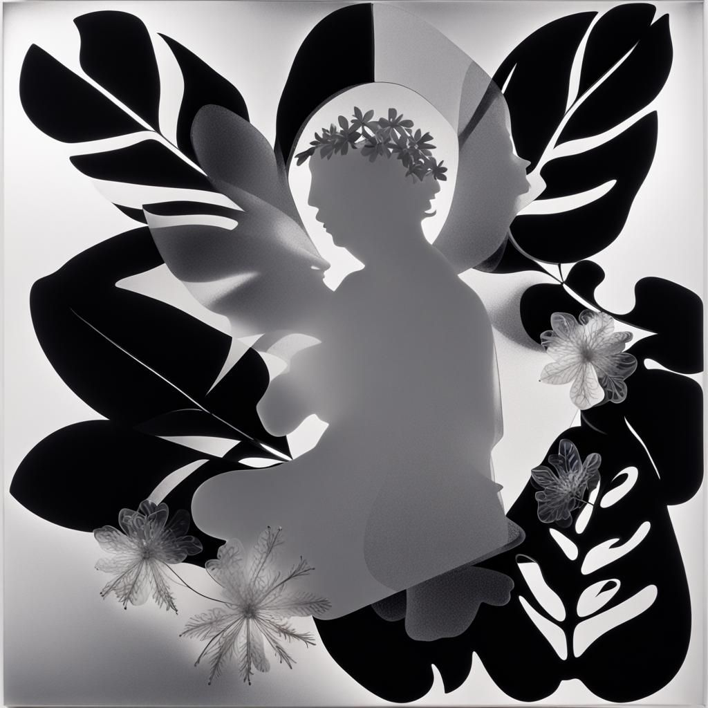 Photogram of Acrylic Angel with Flowers in Black and White