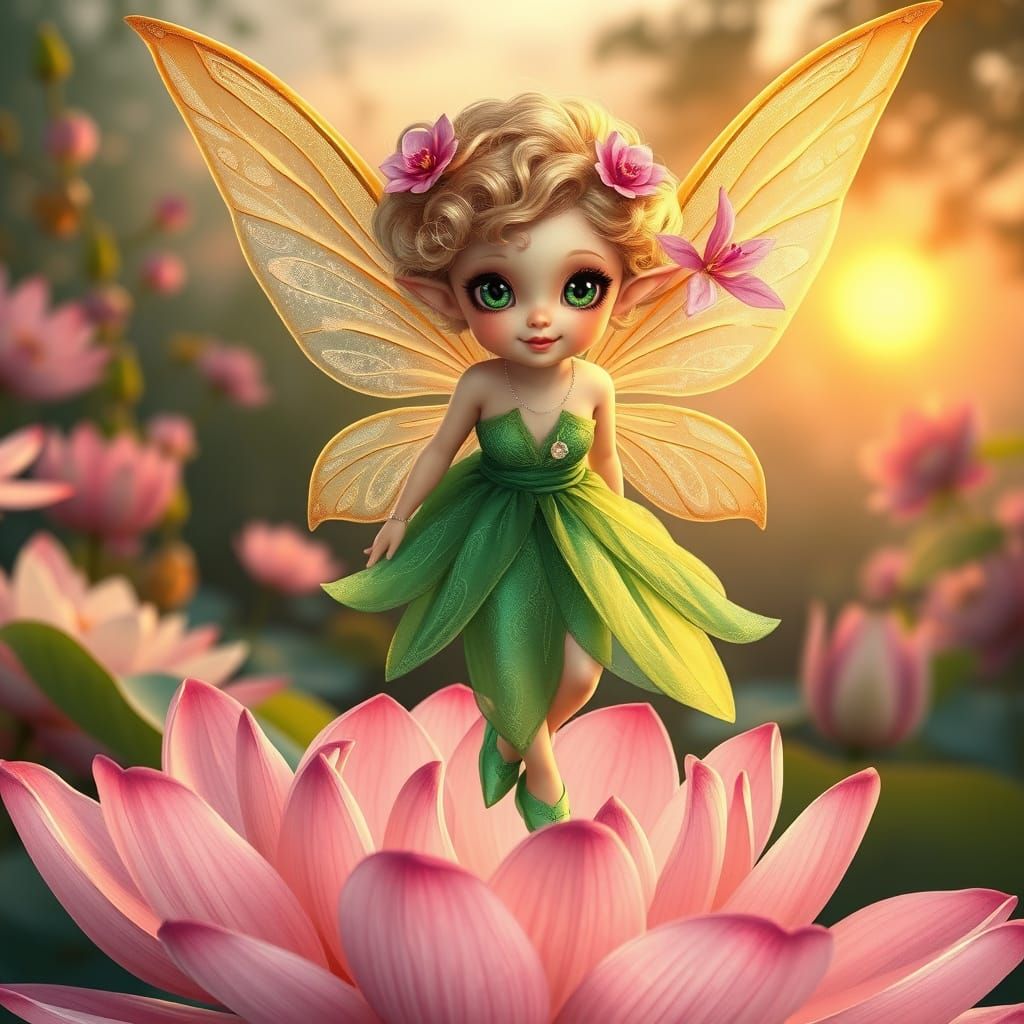 Whimsical Fairy in Emerald Green Gown with Iridescent Wings
