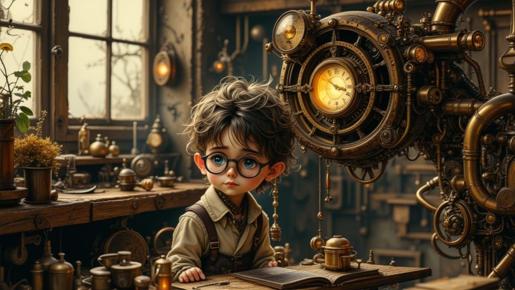 Steampunk Inventor's Workshop with Mechanical Dinosaur