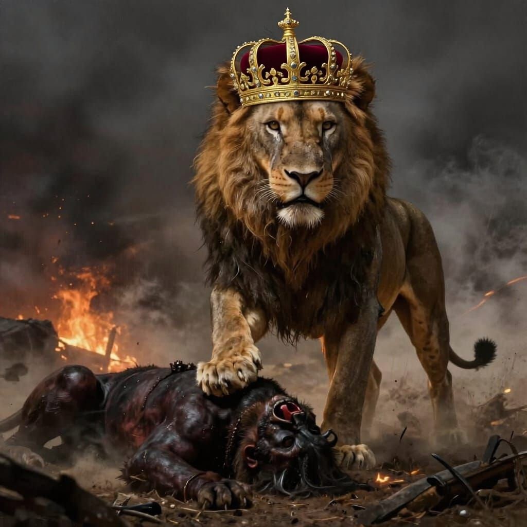 Victorious Lion Stands Over Defeated Satan in Smokey Battlef...