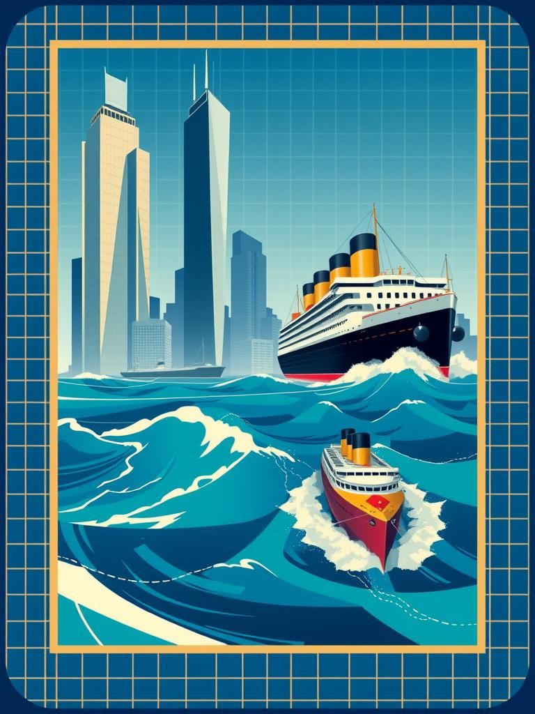 Art Deco Poster of Skyscrapers and Ocean Liners