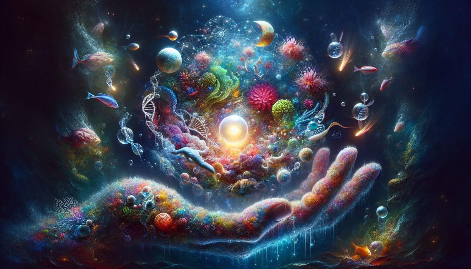 Surreal Ocean Hand Holding Marine Life