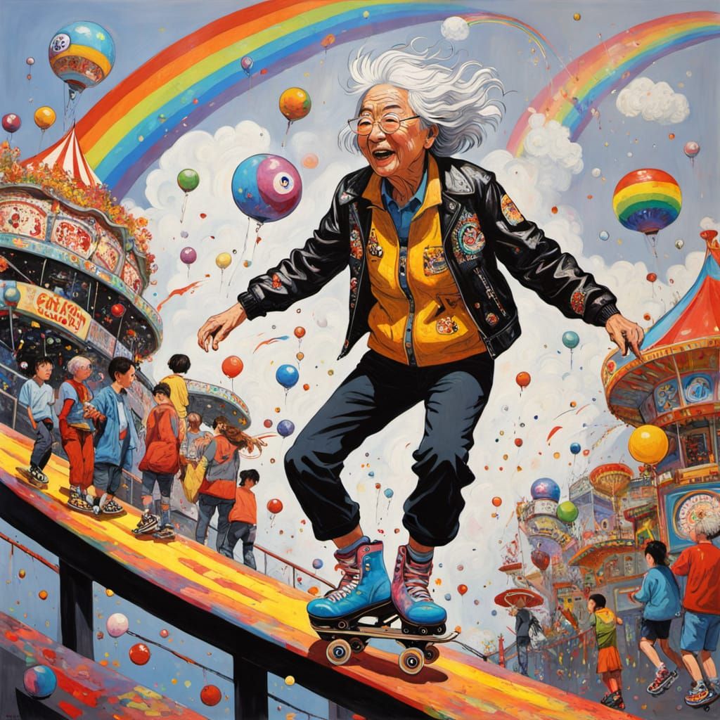 Grandma Grinds Rail in Comic Book Style