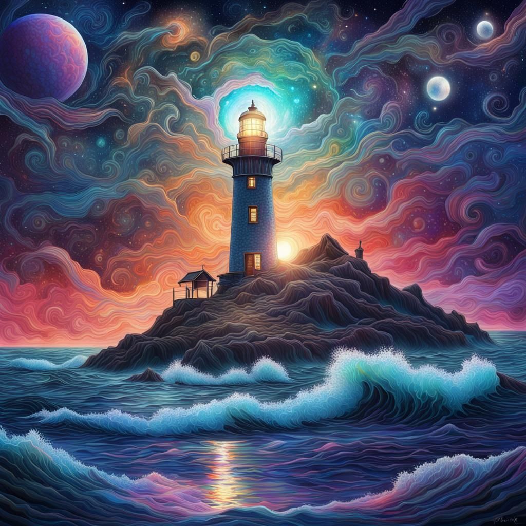 Cosmic Lighthouse at Midnight: A Visionary Seascape