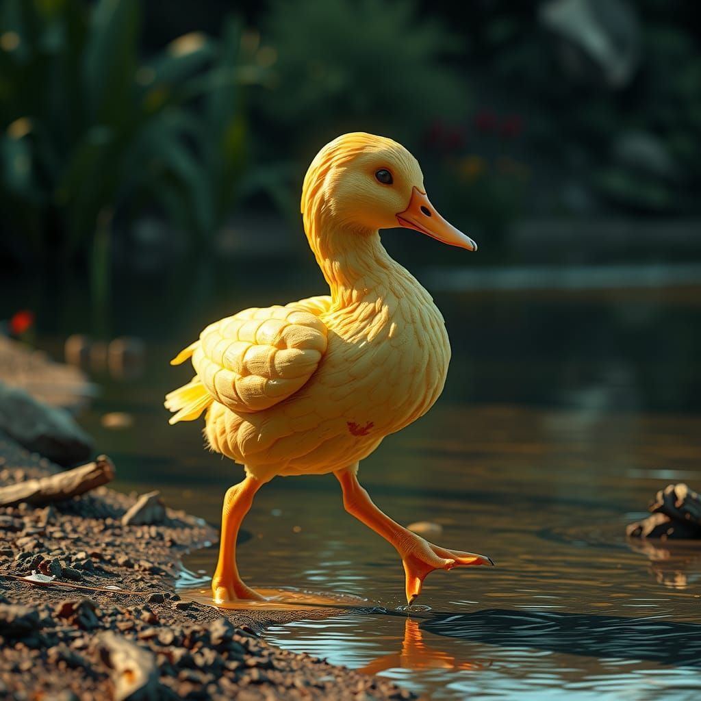 Banana-Duck Hybrid Walks by River in Splash Art Style
