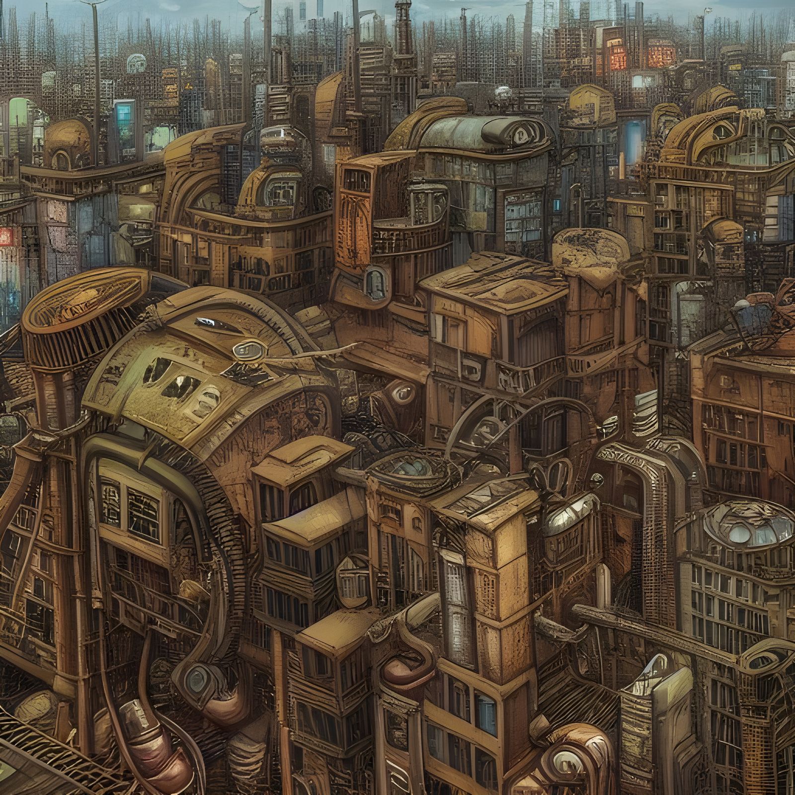 Dystopian Steampunk Cityscape Illustration in Hyperrealism