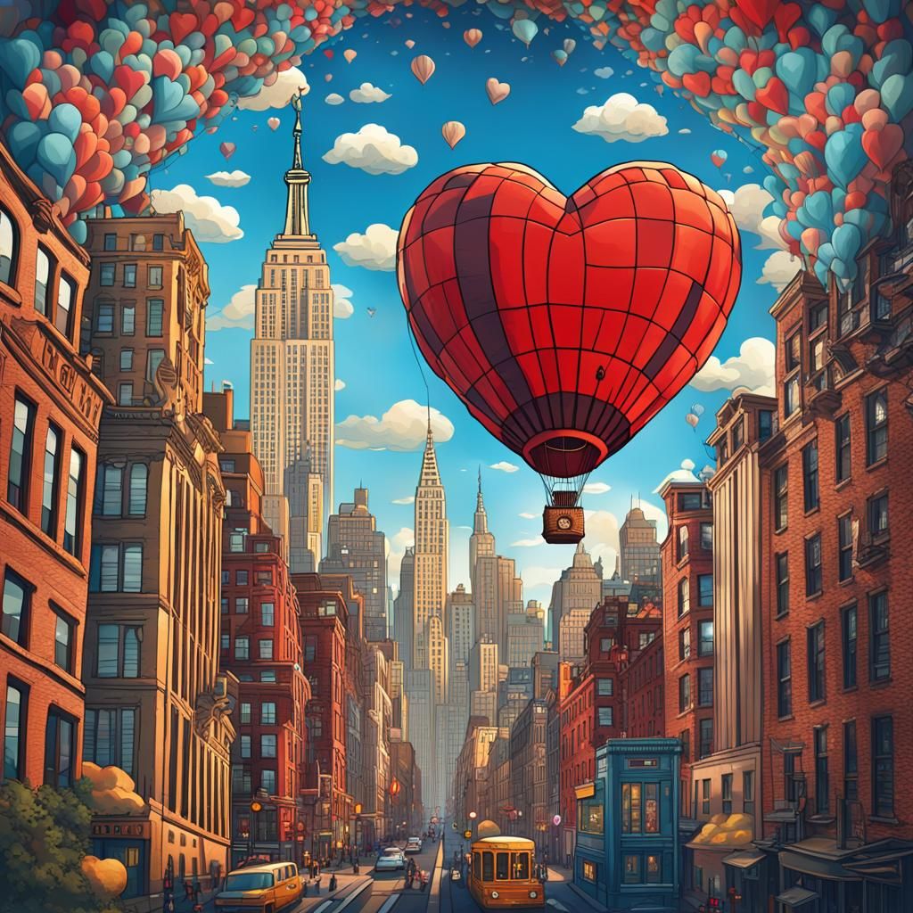 A whimsical cartoon rendering of the famous “I ♥ NY” logo, w...