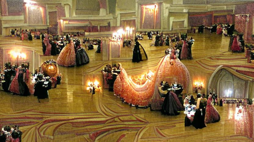 Masquerade Ball with Women in Exquisite Ball Gowns