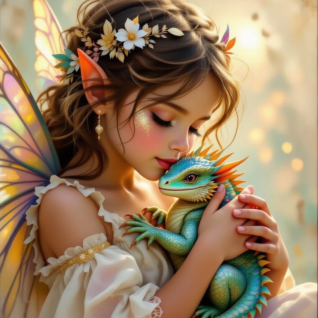 Ethereal Fairy Cuddles Baby Dragon in Textured Impasto Art