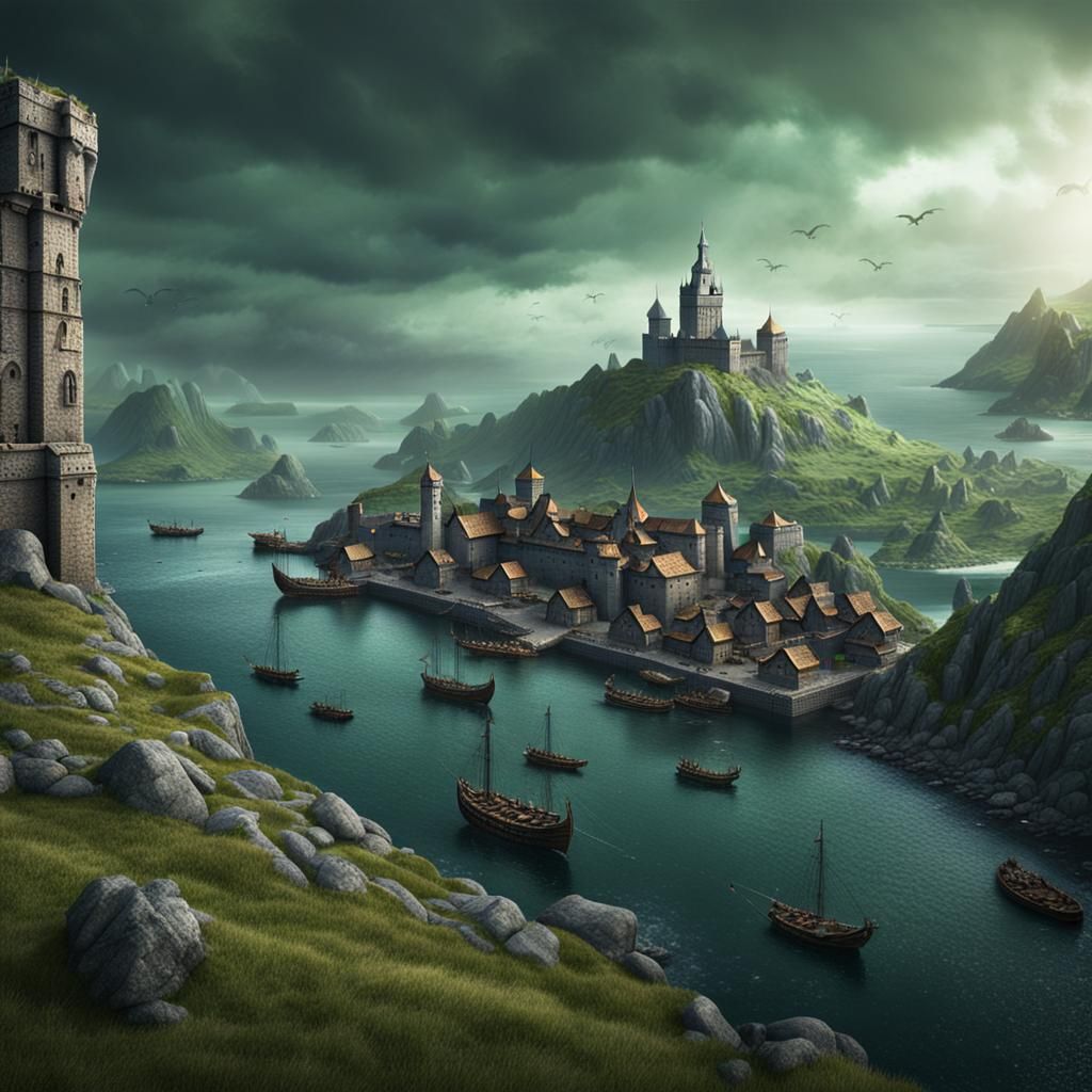 Dark Fantasy Nordic Viking Port City on Rocky Shore