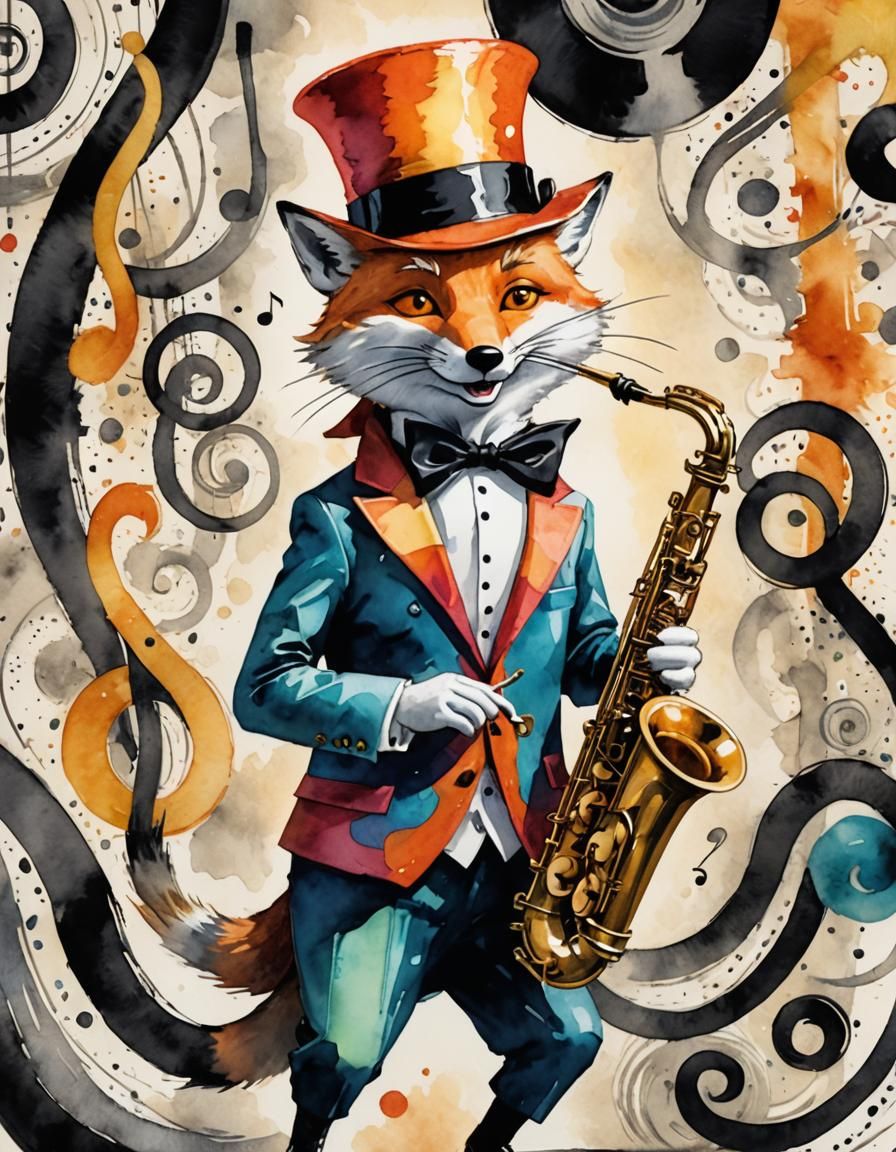 Surreal Jazz Scene with Fox in Zoot Suit
