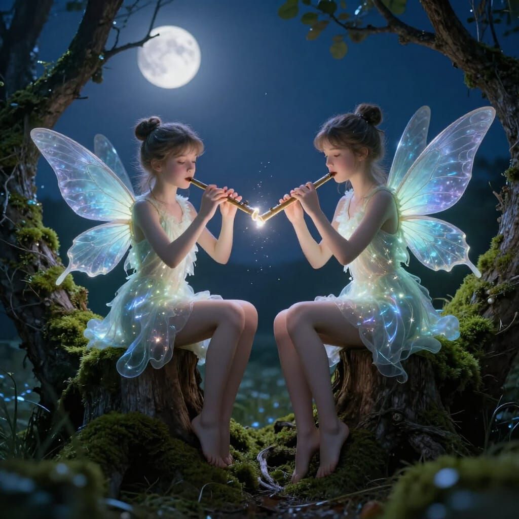 Incandescent Fairies Play Flutes on Mossy Stumps Under Moonl...