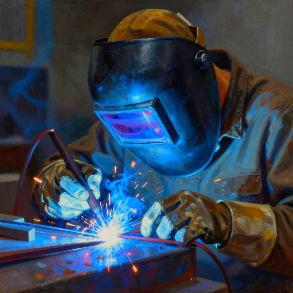 Welder's Arc Reflects Blue Light on Mask, Creating Steady Se...