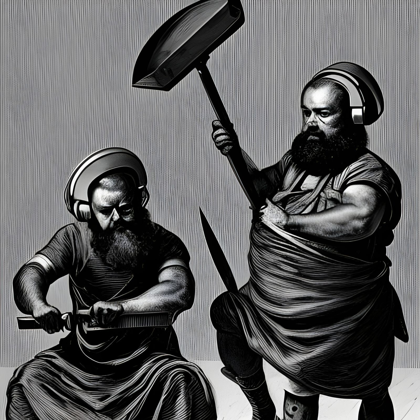 Workers Grinding Scissors: Linocut Portrait