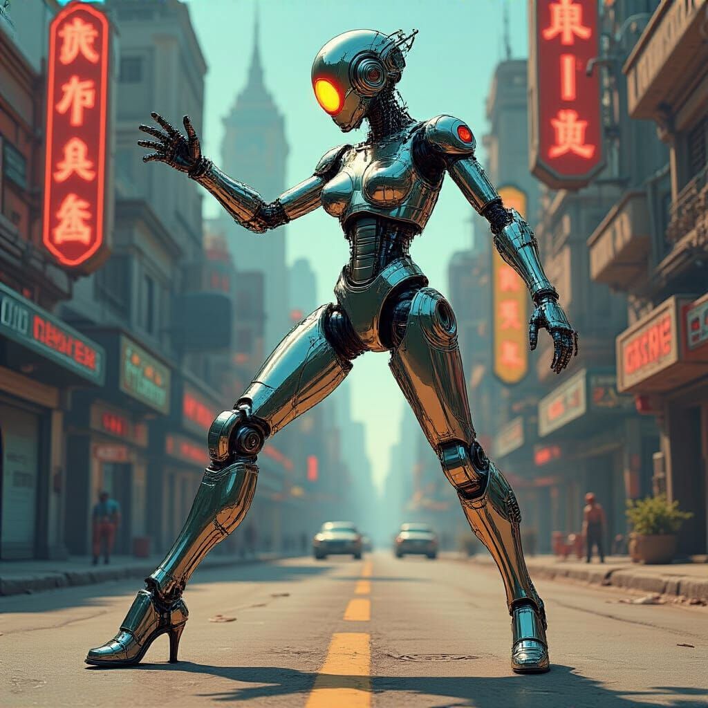 Vintage Cyborg Model in Retro-Futuristic Martian City