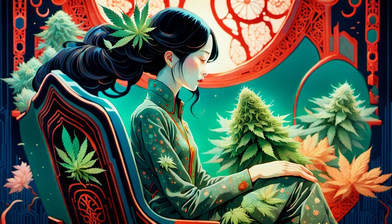 Woman in a Surreal Cannabis Chair: Fairytale Art