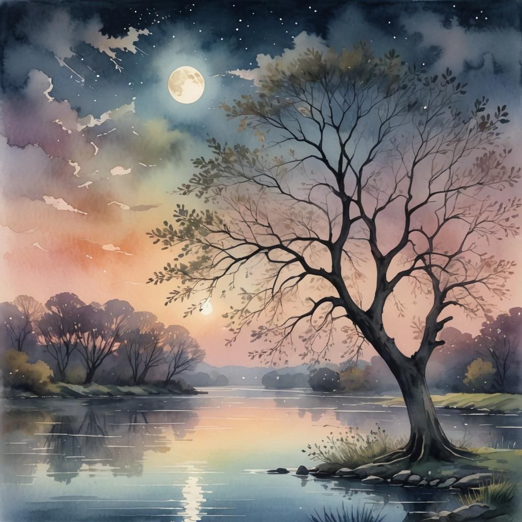 Dreamy Moonlit Tree in Watercolor Style