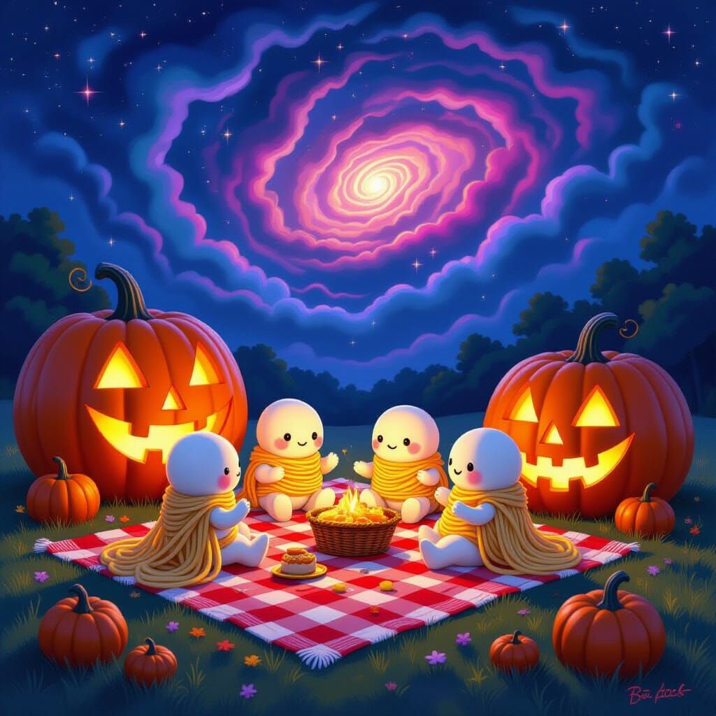 Spaghetti Creatures Picnic with Cosmic Pumpkins