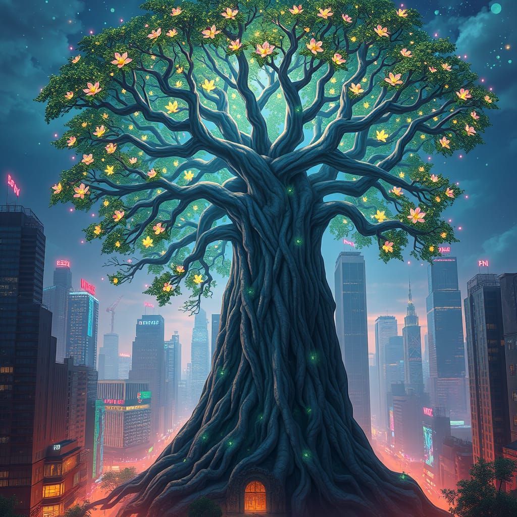 Ancient Tree in Metropolis with Bioluminescent Flora