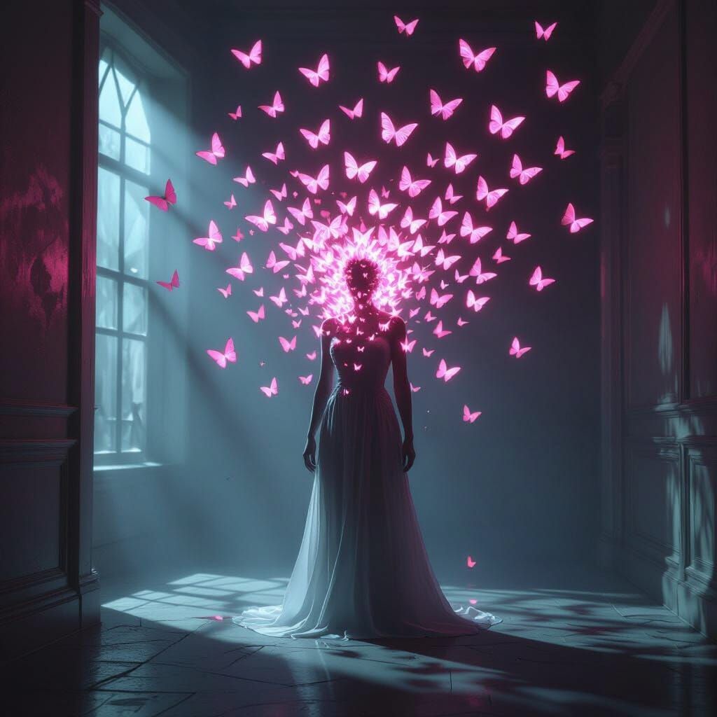 Figure Dissolves Into Neon Butterflies in Dreamlike Room