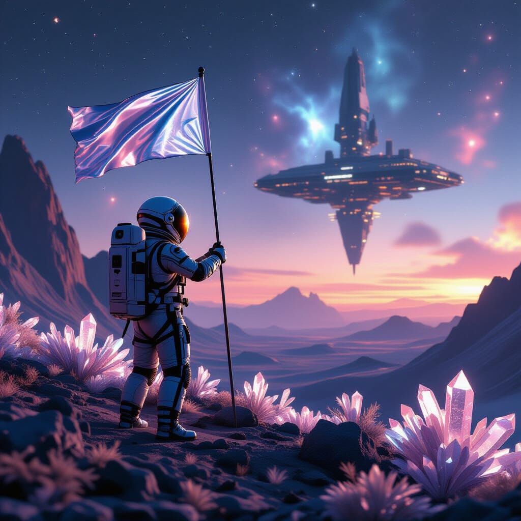 Astronaut Plants Flag on Nebula Planet in Photorealistic Sty...