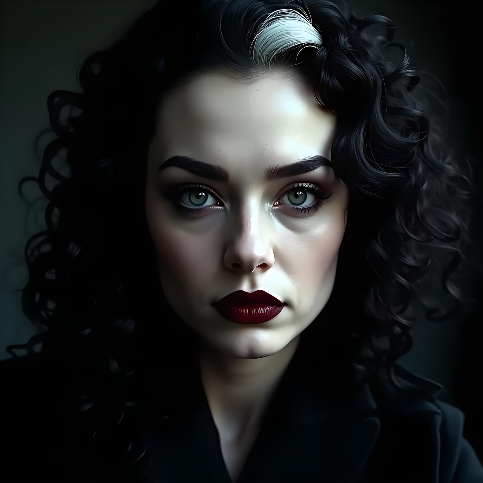 Gothic Portrait of a Woman with Piercing Grey Eyes